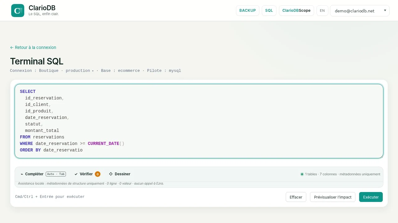 Current ClarioDB SQL terminal